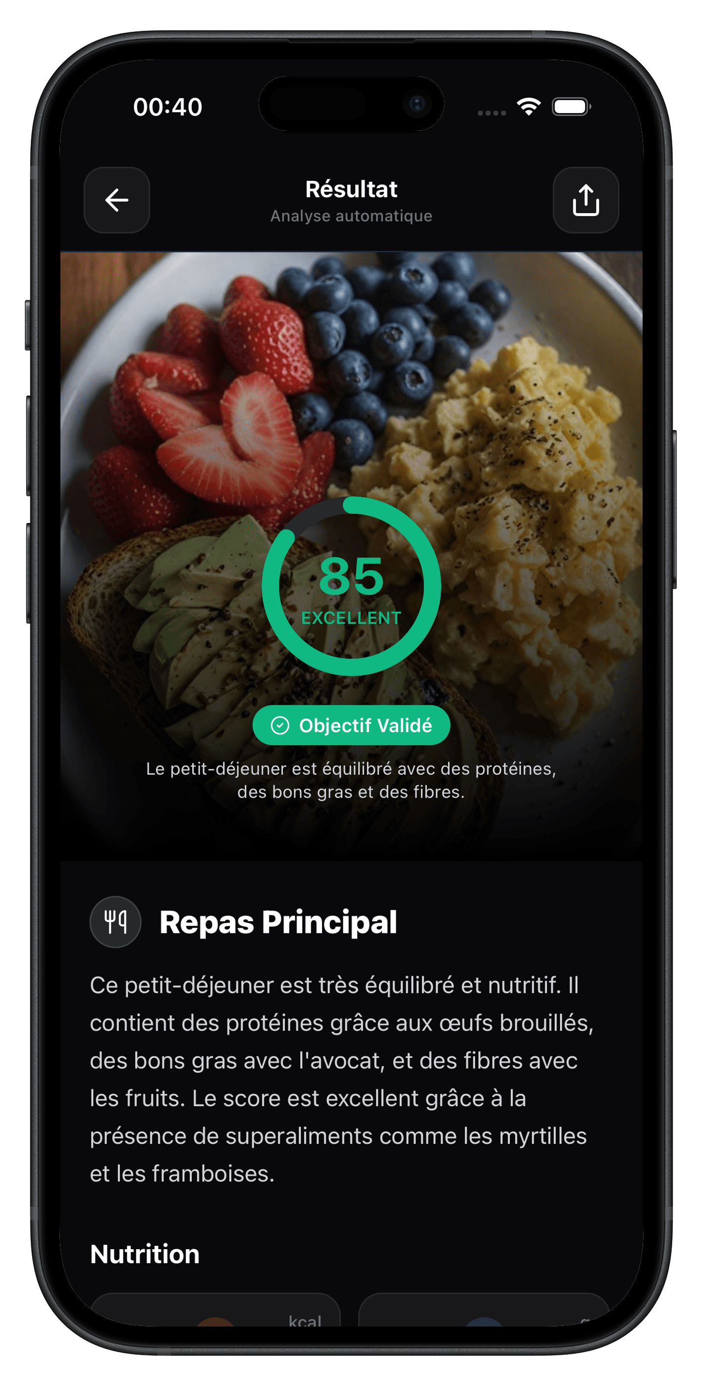 Écran BeFood résultat d'analyse automatique d'un repas