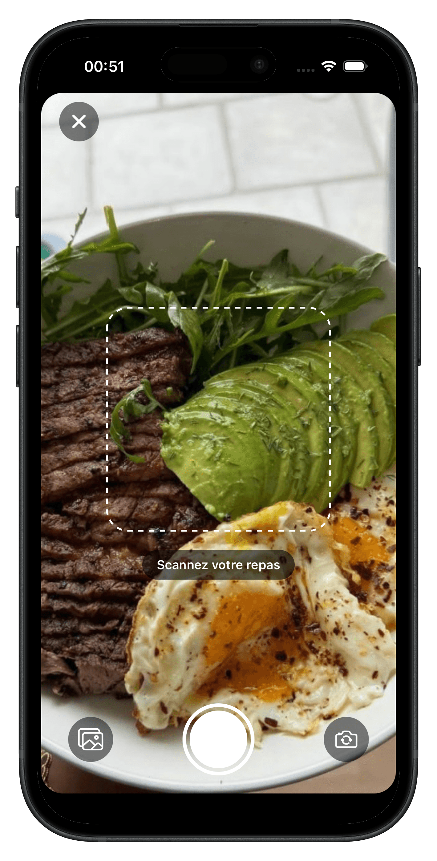 Écran BeFood de scan caméra d'un repas