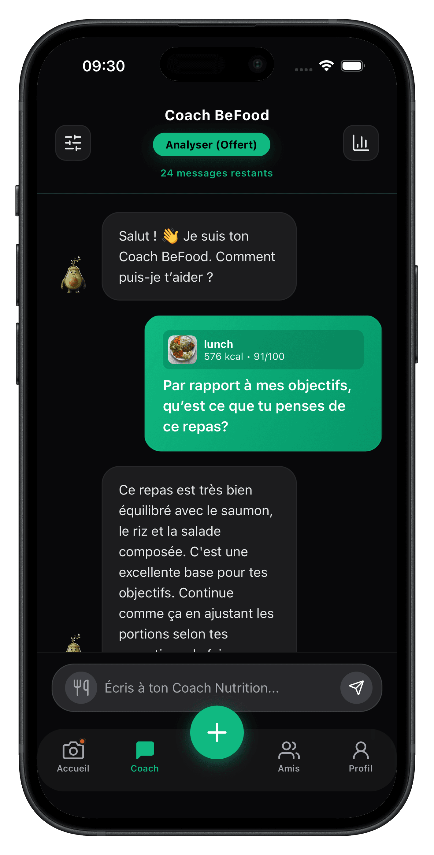 Écran BeFood conversation avec le coach nutrition