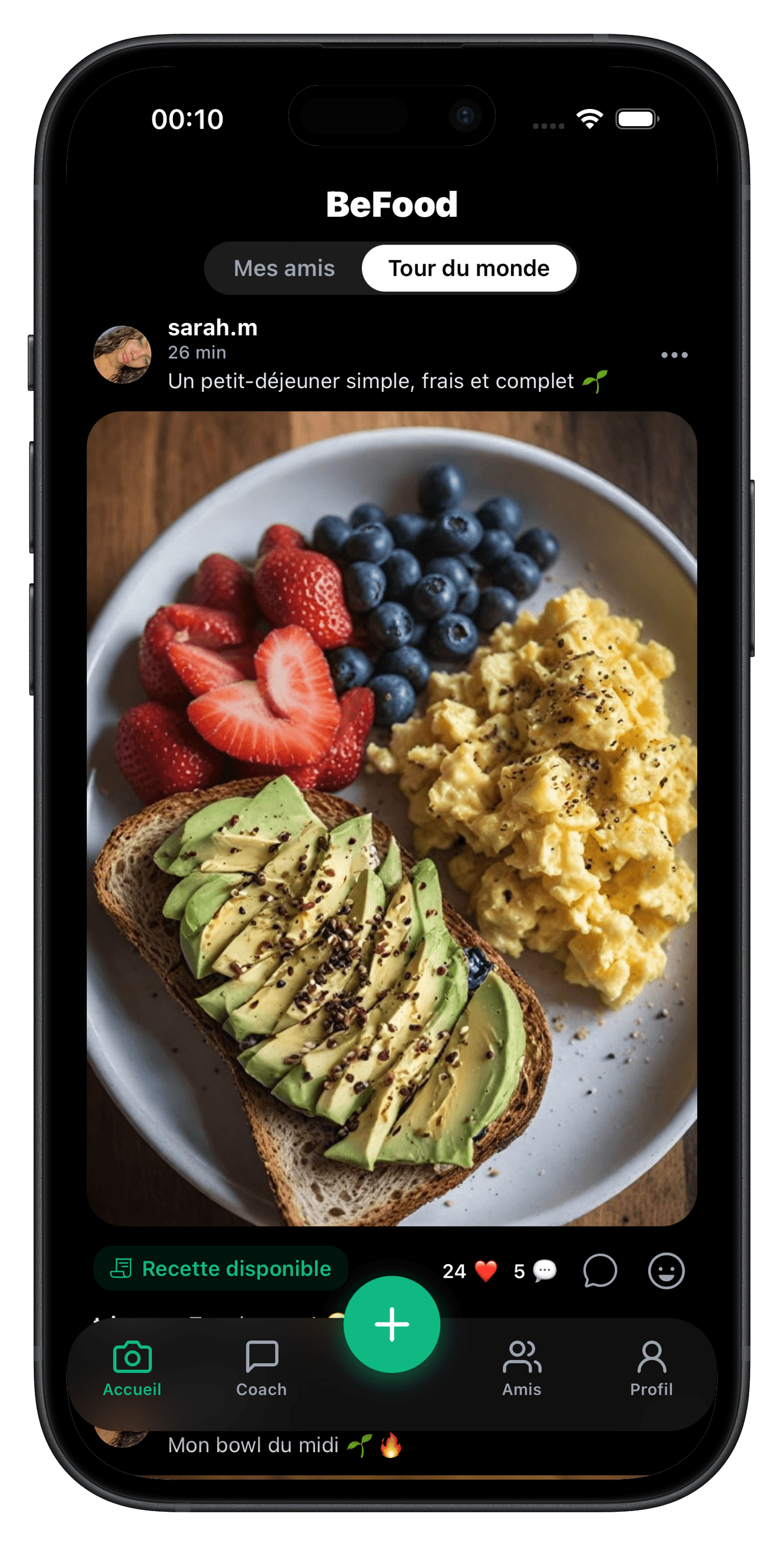 Écran BeFood fil social avec publication d'un petit-déjeuner