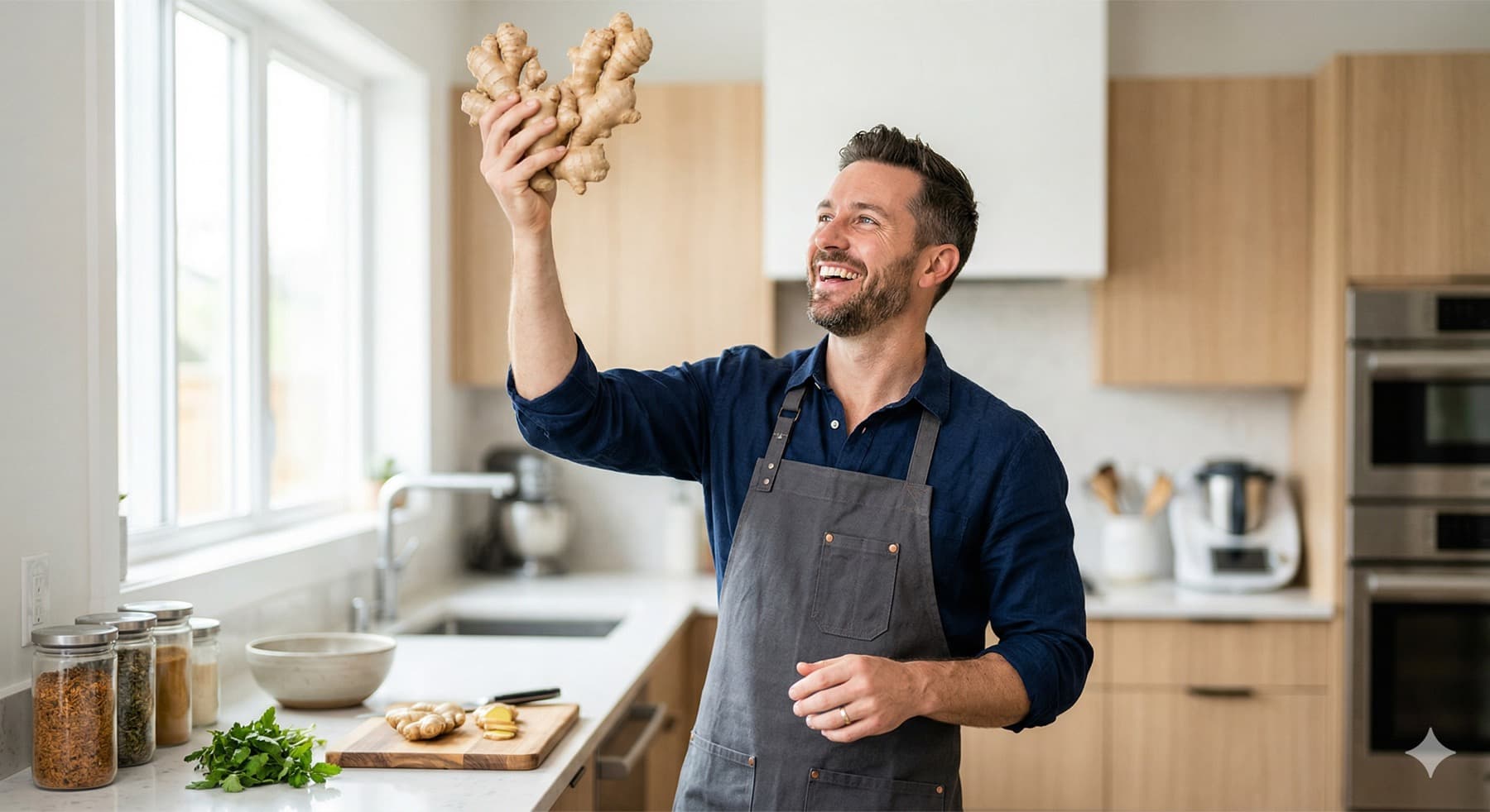 Coach nutrition en cuisine tenant du gingembre