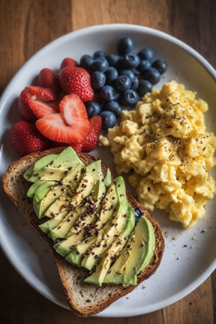 Petit-dejeuner sante avec toast avocat, oeufs et fruits