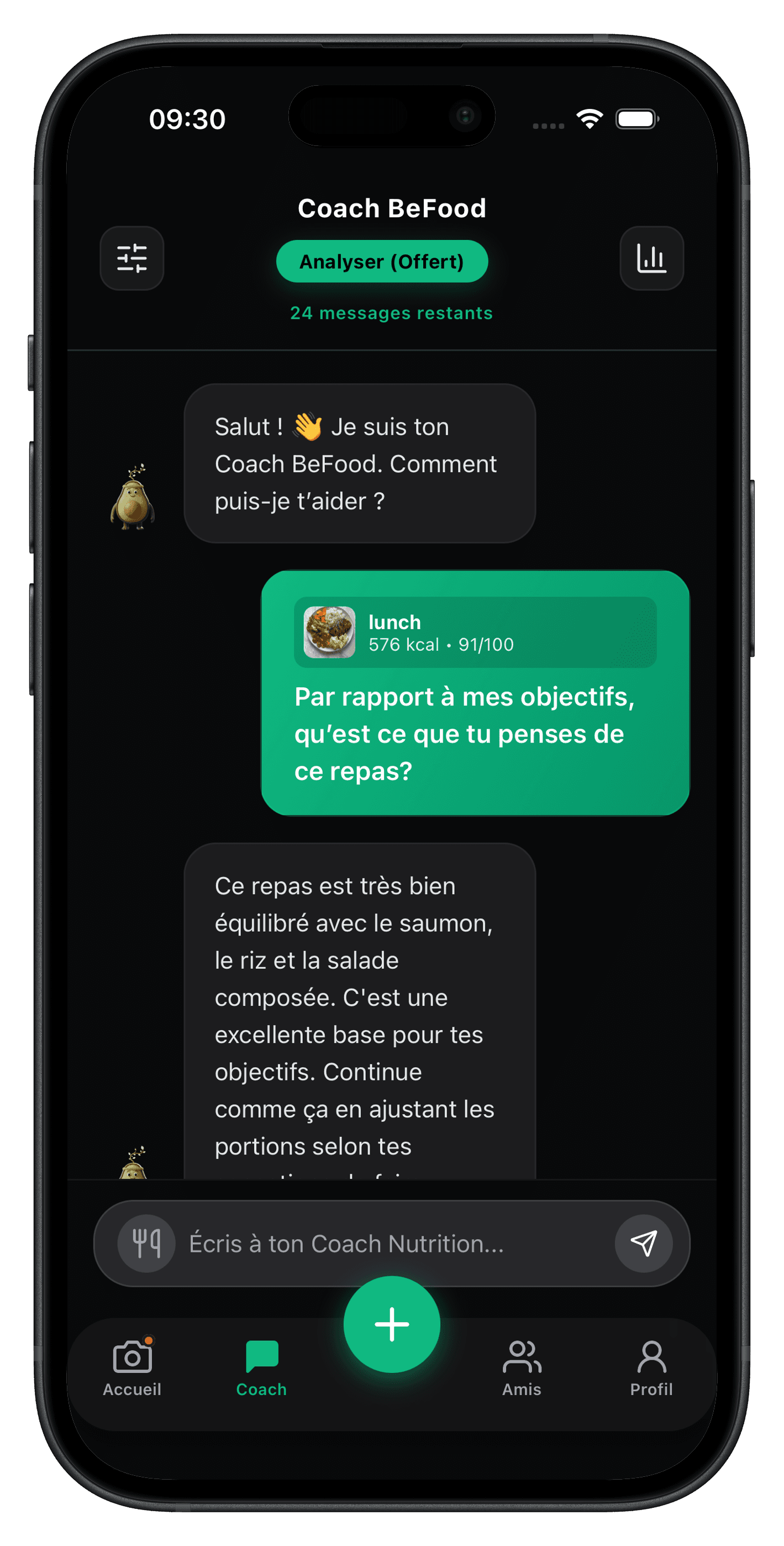 Écran BeFood conversation avec le coach nutrition
